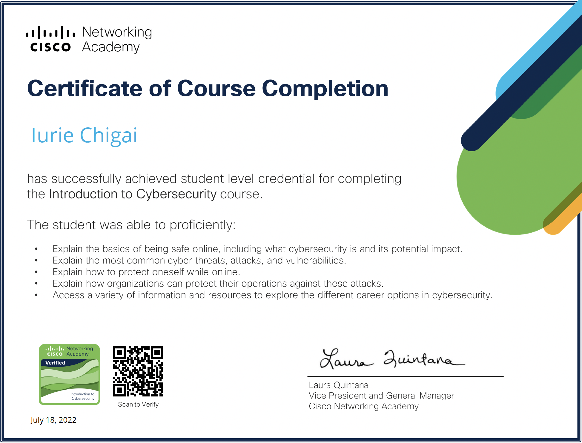 Certificate of complition Introduction to Cybersecurity, issue by Cisco Network Academy
